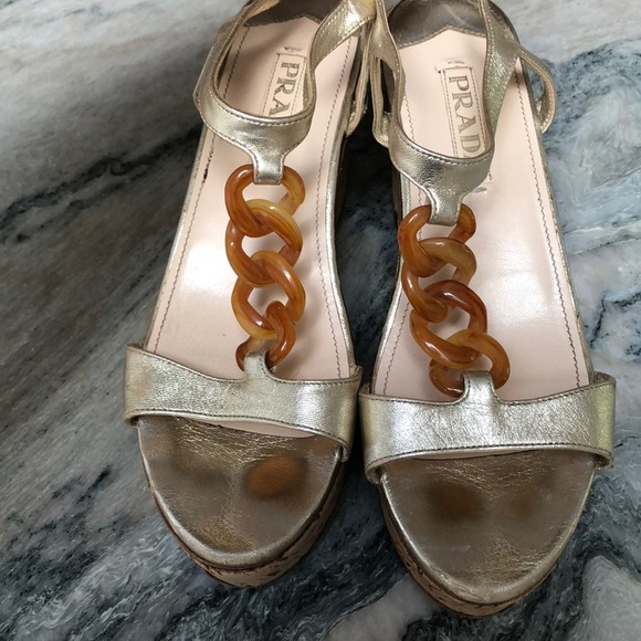 Prada vintage 90’s cork wedge heels metallic leather tortoiseshell look links 8 - Picture 1 of 11